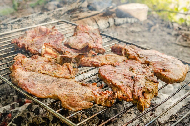 A closeup shot of a pork tenderloin on a summer grill with a flame - Photo, image
