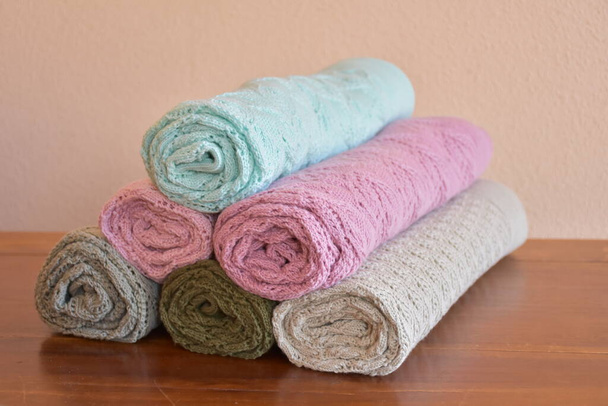 knitted fabric and blanket on background - Photo, image