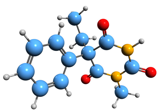 3D image of phenobarbital skeletal formula - molecular chemical structure of phenobarbitone isolated on white background - Foto, Imagem