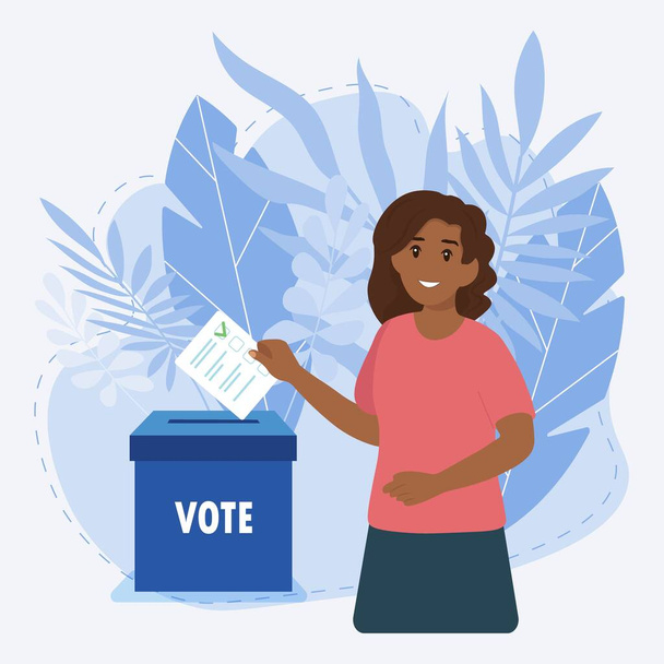 Black woman putting vote into the ballot box - Вектор,изображение