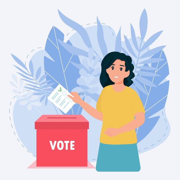 Woman putting vote into the ballot box - Вектор,изображение