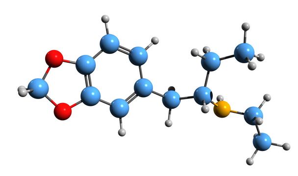 3D image of Ethylbenzodioxolylbutanamine skeletal formula - molecular chemical structure of EBDB isolated on white background - Foto, Imagem