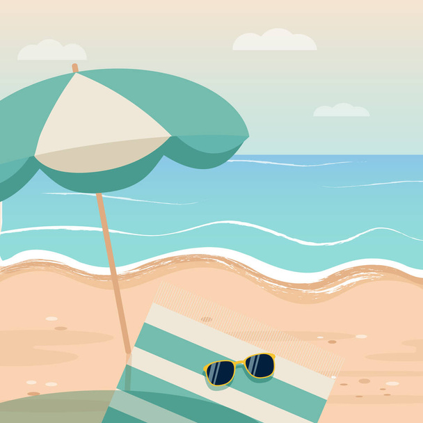 Sandy beach, ocean, summer, sun, perfect vacation. Vector illustration. - Vetor, Imagem