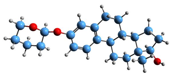 3D-зображення скелетної формули естрадіолу 3-тетрагідропіранілового ефіру - молекулярна хімічна структура синтетичного естрогену ізольовано на білому тлі
 - Фото, зображення