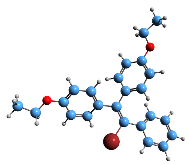3D образ формули скелета Естробіна - молекулярна хімічна структура синтетичного нестероїдного естрогену, ізольованого на білому тлі. - Фото, зображення