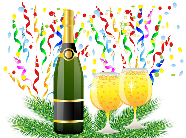 festive postal with a bottle, glasses of champagne and serpentin - Vector, Image