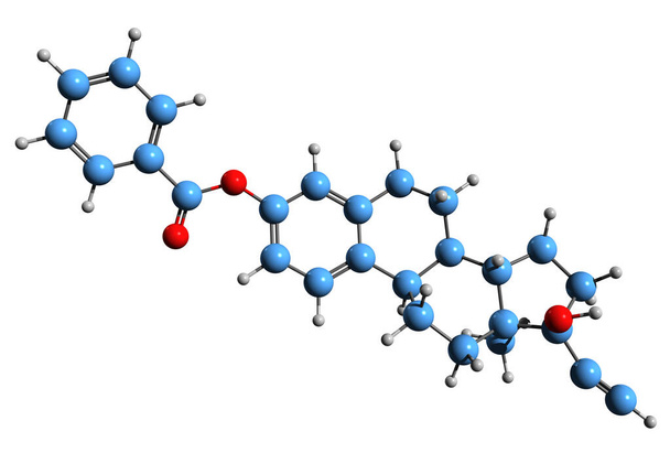 3D image of Ethinylestradiol benzoate skeletal formula - molecular chemical structure of  synthetic estrogen isolated on white background - Φωτογραφία, εικόνα