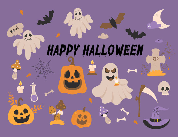 Vector collection Happy Halloween. Holiday Jack lantern pumpkin, bat, ghost, cobweb, skull, witch hat and scythe, grave, fly agaric and magic potion. Isolated elements for decor, design, decoration - Vector, imagen