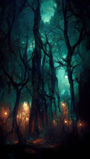 Realistic haunted forest creepy landscape at night. Fantasy Halloween forest background. Surreal mysterious atmospheric woods design backdrop. Digital art. - Foto, imagen