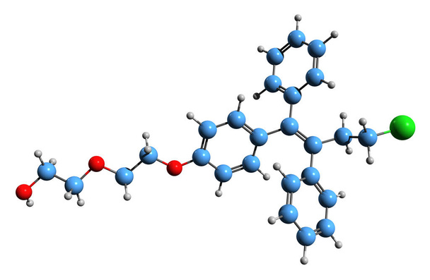  Fispemifeenin luuston kaavan 3D-kuva - ei-steroidisen selektiivisen estrogeenireseptorimodulaattorin molekyylirakenteellinen kemiallinen rakenne eristettynä valkoisella pohjalla - Valokuva, kuva