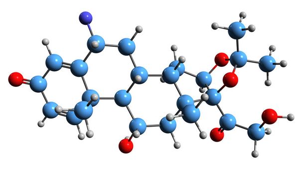  3D image of Flunisolide skeletal formula - molecular chemical structure of corticosteroid isolated on white background - Φωτογραφία, εικόνα