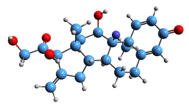 Fluprednideenin luurankokaavan 3D-kuva - synteettisen glukokortikoidikortikosteroidin molekyylikemiallinen rakenne valkoisella pohjalla - Valokuva, kuva