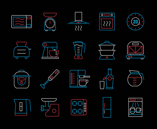 Kitchen appliances electronic electrical equipment tool vector isolated on the black icon set. Graph symbol for cooking web site and apps design, logo, app, UI - Vektör, Görsel