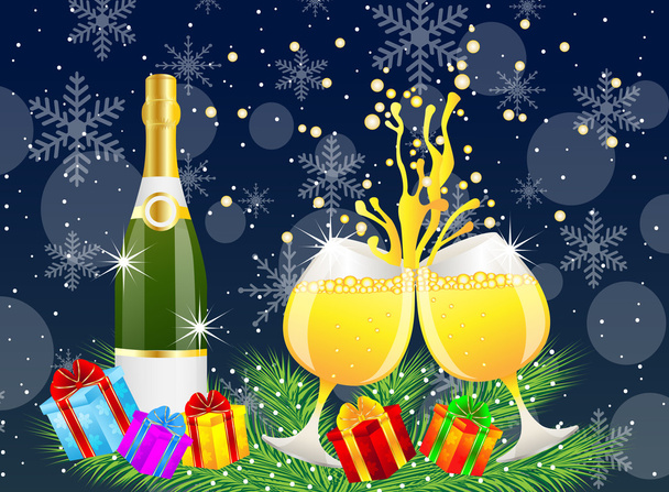 christmas postal with a bottle and glasses of champagne - Vector, Imagen