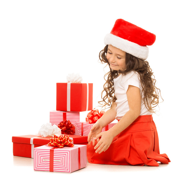 Lány karácsonyi ajándék dobozok. Elszigetelt fehér background - Fotó, kép