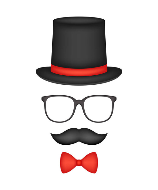 Mustache, Bow Tie, Hat, and Glasses isolated on white background - Vektor, Bild