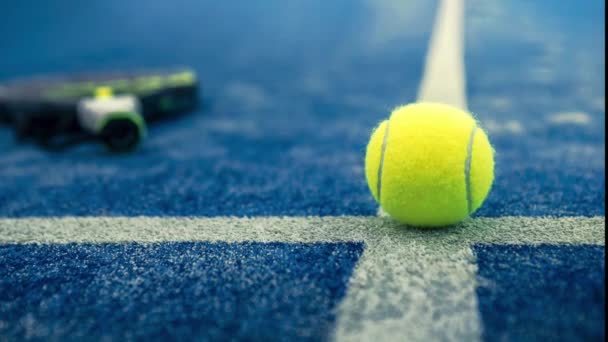 Κίτρινη μπάλα στο πάτωμα πίσω από δίχτυ κουπί σε μπλε γήπεδο σε εξωτερικούς χώρους. Padel τένις είναι ένα παιχνίδι racquet. Επαγγελματική έννοια του αθλητισμού - Πλάνα, βίντεο