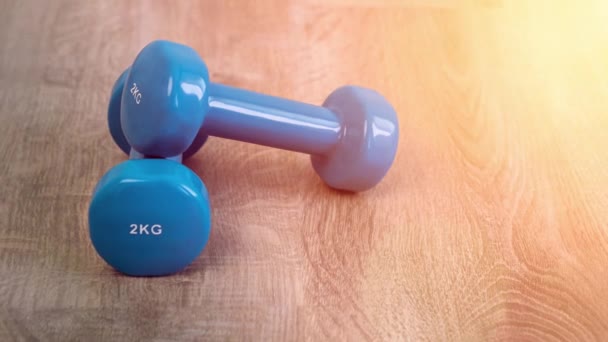 Exercise with two blue dumbbells, preparing for sports training at house indoor. Fitness workout exercises at home. - Footage, Video