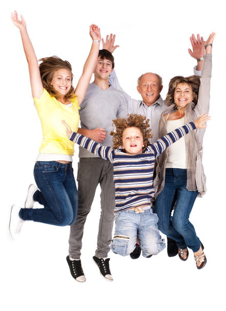 Heureuse famille sautant haut
 - Photo, image