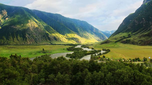 Alpine gorge in summer, green rocky mountain slopes, the Chulyshman River flows through the valley, a forest in the foreground, bushes and houses stand along the river, evening in the mountains, the sky in the clouds, Altai - Zdjęcie, obraz