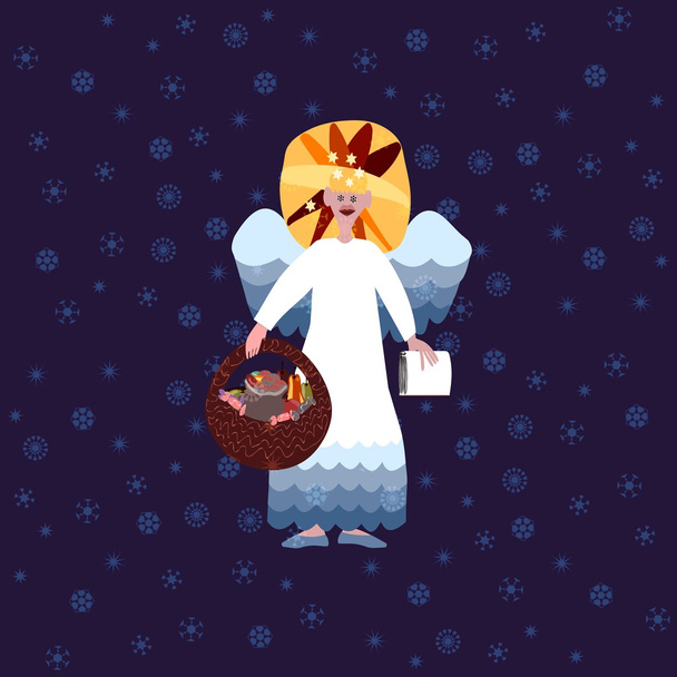 Christmas angel with book of good deeds and basket with sweets on blue background with snowflakes - Photo, Image