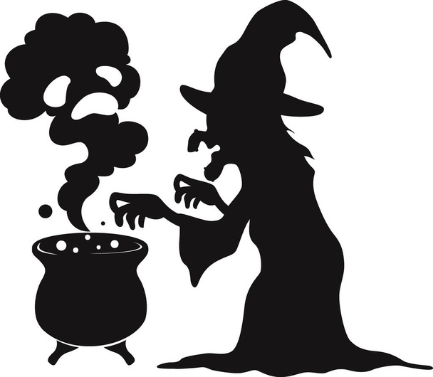 Vector Illustration of Silhouette of witch cooking magic potion in cauldron - Vector, imagen
