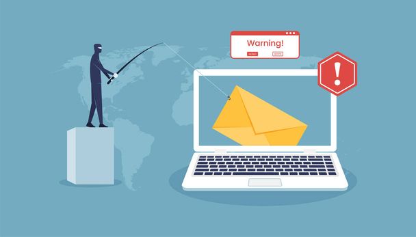 Hacker breaks email on laptop screen concept. phishing and cyber crime attacks vector illustration - Vector, imagen