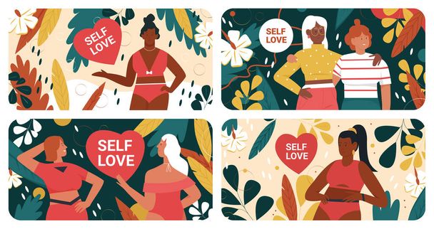 Self love, body positive acceptance and confidence healthy concept vector illustration set. Cartoon beautiful female characters hug, care and help each other, mental health and feminism background - Vektori, kuva