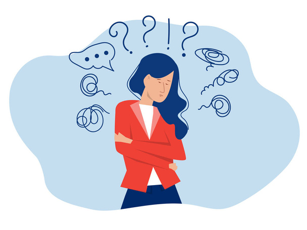 woman suffers from obsessive thoughts; headache; unresolved issues; psychological trauma; depression.Mental stress panic mind disorder illustration Flat vector illustration. - Vector, Image