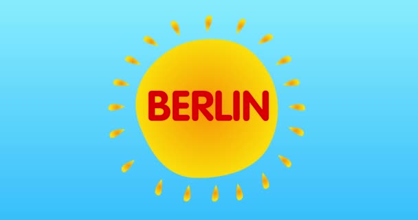 Berlin text in the center of a yellow hot summer sun on blue sky. Simple animation of a bright orange sunlight. - Felvétel, videó