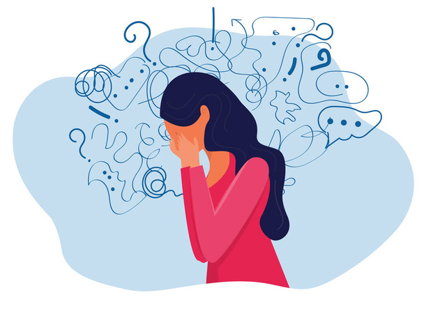 woman suffers from obsessive thoughts; headache; unresolved issues; psychological trauma; depression.Mental stress panic mind disorder illustration Flat vector illustration. - ベクター画像