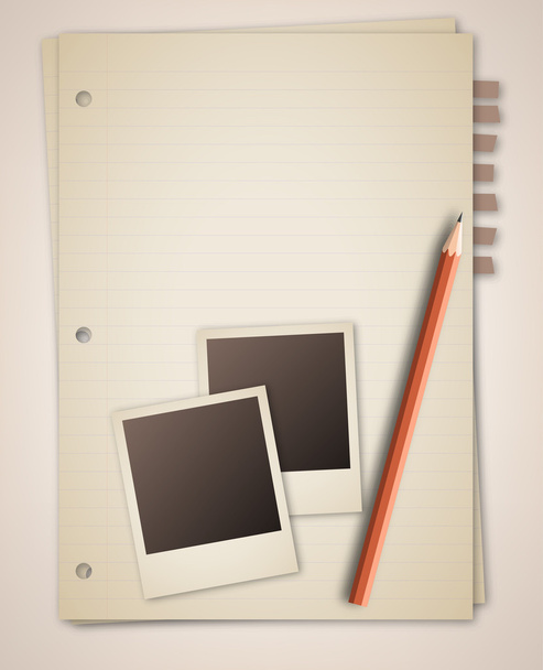 Old notebook paper with photo frame pencil - Vector, imagen