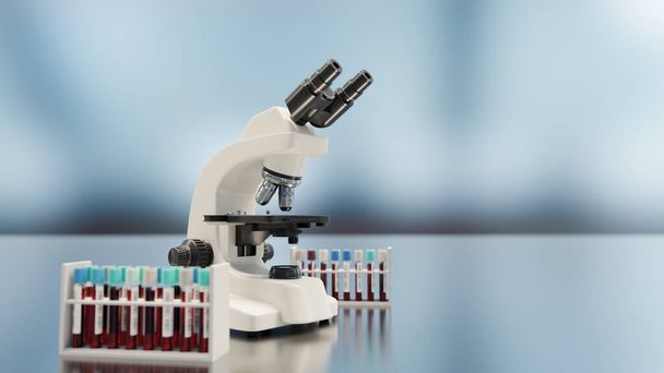 blood sample and microscope, 3d rendering - Φωτογραφία, εικόνα