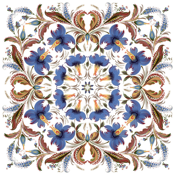 Batik floral pattern in Ukrainian folk painting style Petrykivka for shawl, carpet, bandana, tile with blue flowers, brown leaves, branches on a white background - Photo, Image