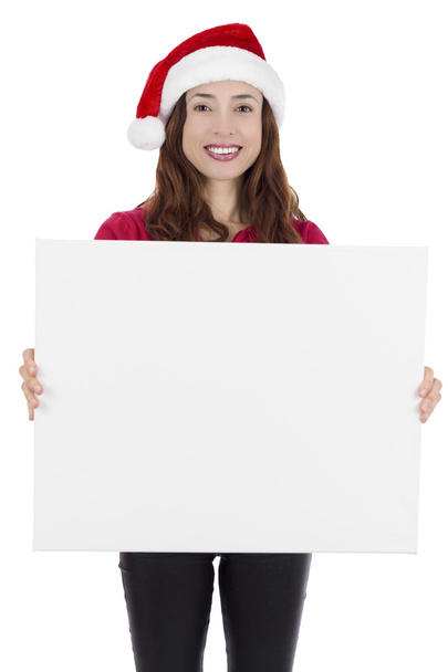 Christmas advertisement woman with a billboard - Valokuva, kuva