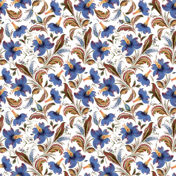Floral seamless pattern in Ukrainian folk painting style Petrykivka. Blue flowers and brown leaves isolated on a white background - Photo, Image