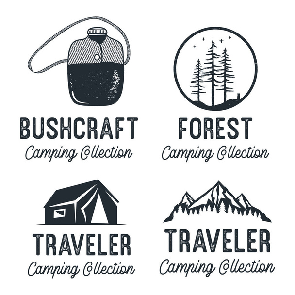 Set of minimalist vector illustrations with Bushcraft Forest and Traveler inscriptions and various black pictures against white background - Vektori, kuva