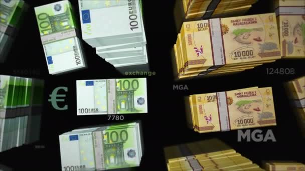 Euro ve Madagaskar Ariary para değişimi. Kağıt banknotlar tomar tomar. Ticaret, ekonomi, rekabet, kriz, bankacılık ve finans kavramı. Döngüsüz 3D canlandırma notaları. - Video, Çekim