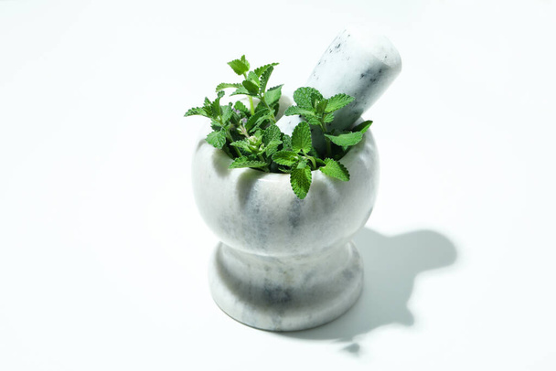 Concept of aromatherapy with mint on white background - Zdjęcie, obraz