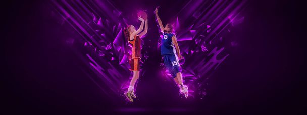 Jumping. Creative artwork with two young female basketball players playing basketball isolated on dark background with neon elements. Concept of sport, team, enegry, competition, skills. - Photo, Image
