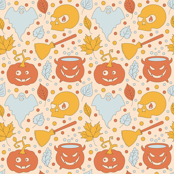 Seamless pattern with retro 70s style Halloween elements. Ghost, skull, broom, cauldron, pumpkin. Autumn simple minimalist background with leaves. 1970 good vibes. Vector illustration. - ベクター画像