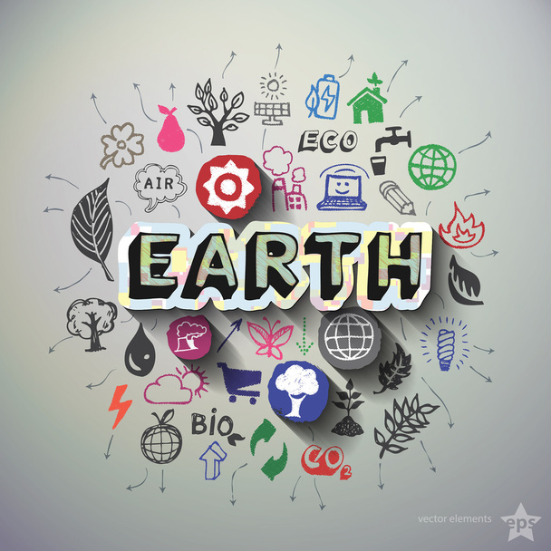 Ecology collage with icons background - Vetor, Imagem