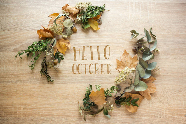 phrase hello october with fall leaves - Фото, зображення