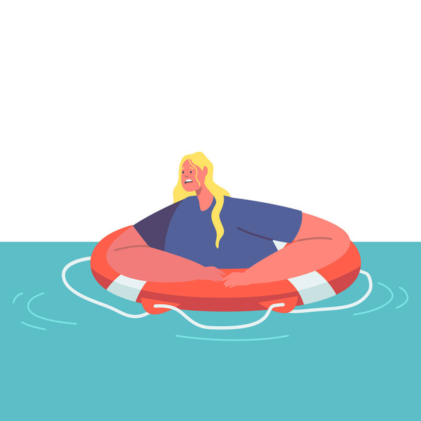Shocked Exhausted Woman Swim on Lifebuoy Trying to Survive in Ocean after Shipwreck. Female Character Sinking in Sea Floating on Water Surface after Accident. Cartoon People Vector Illustration - Wektor, obraz