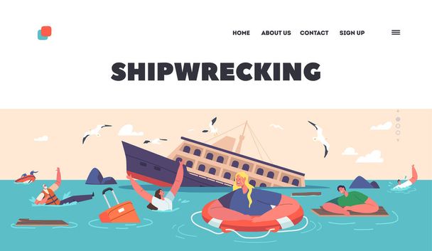 Shipwrecking Landing Page Template. People Trying to Survive in Ocean with Sinking Ship and Floating Debris on Water Surface. Characters in Sea Accident, Catastrophe. Cartoon Vector Illustration - Wektor, obraz