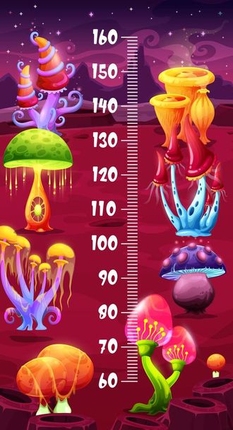 Kids height chart, fantasy magic mushrooms on space planet, vector growth meter. Kids tall measure chart or baby size scale with cartoon luminous mushrooms and poisonous toadstools in galaxy - Vector, afbeelding