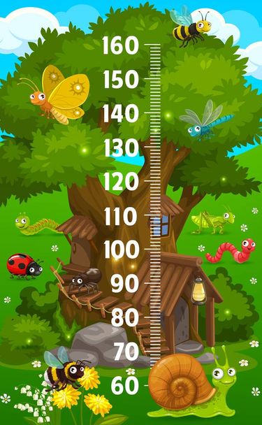Cartoon insect characters and oak tree house, kids height chart growth measure vector meter. Child height measure scale with butterfly, ladybug and worm, snail and bumblebee, dragonfly and grasshopper - Vektori, kuva