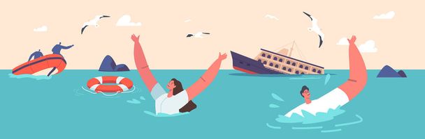 Sea Accident, Shipwreck Catastrophe Concept. Shocked People Waving Hands to Take Attraction of Rescuers. Characters Trying to Survive in Ocean with Sinking Ship. Cartoon Vector Illustration - ベクター画像