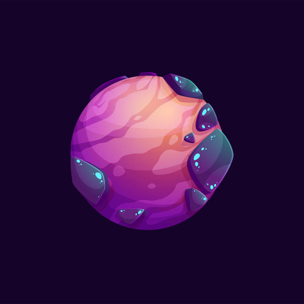 Cartoon galaxy space planet with mountain craters surface. Space comic planet GUI vector icon with rocks, canyons and sand desert. Alien galaxy artificial or fantastic world - Vettoriali, immagini