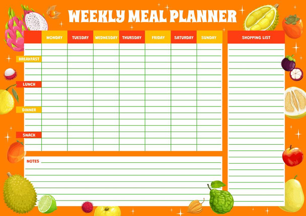 Weekly meal planner with tropical fruits, vector food plan for week. Calendar menu with durian, dragon fruit, bergamot and banana, lychee, quince, persimmon or physalis diary timetable template - Vektor, obrázek